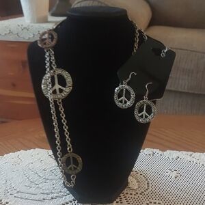 Inspirational Peace Sign Mixed Metal Toned Long Necklace and Earrings Set